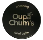 Top of Black 60mm aluminium balm tin with Oupa Chum’s logo
