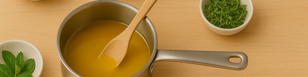 An image of a pot of melted beeswax as well as little bowls of raw ingredients arranged around the pot
